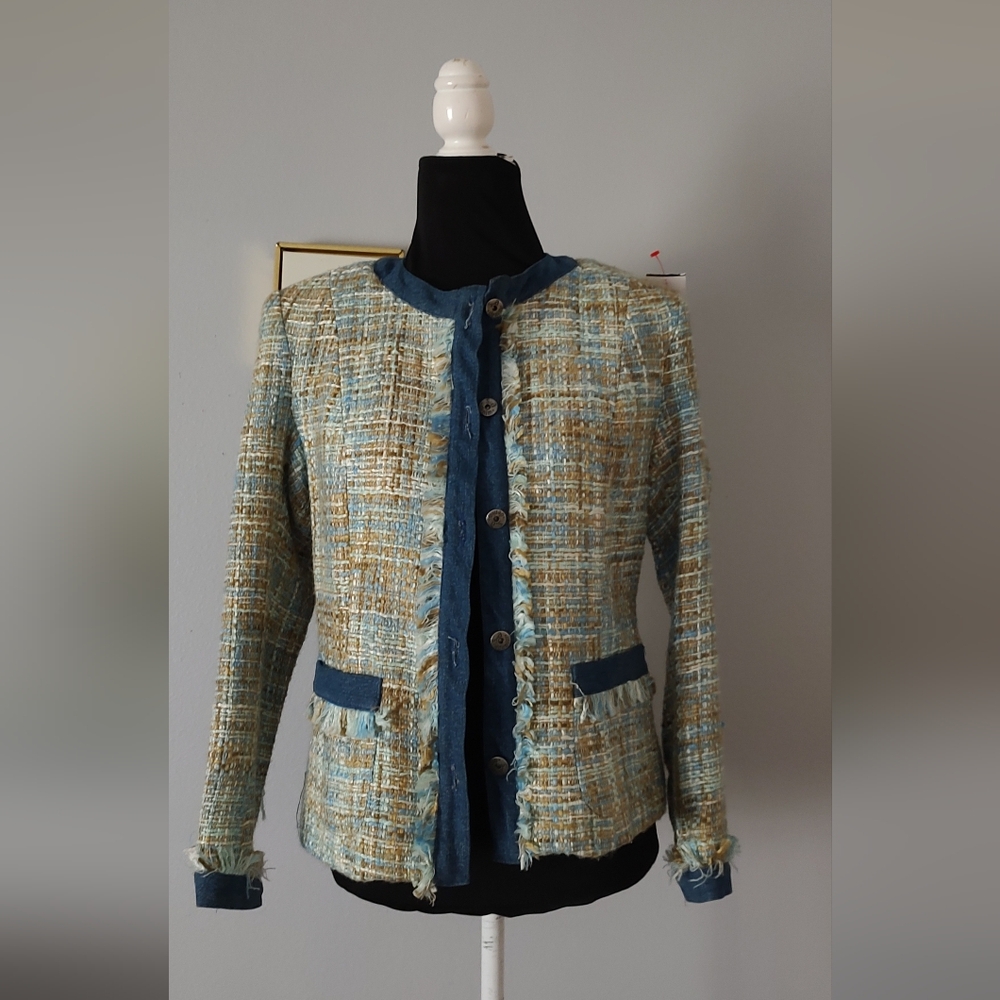 Tweed Jacket Blazer Women Sa Denim Style Classic Green Blue 4P Excellent Conditi